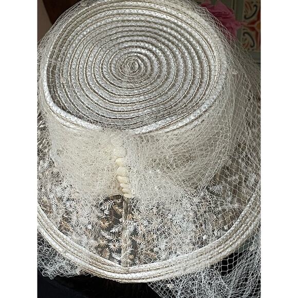 Kokin Bucket Straw Veil Ivory Floral Embroidery Net Vintage Bridal Lunch Hat - Picture 6 of 9